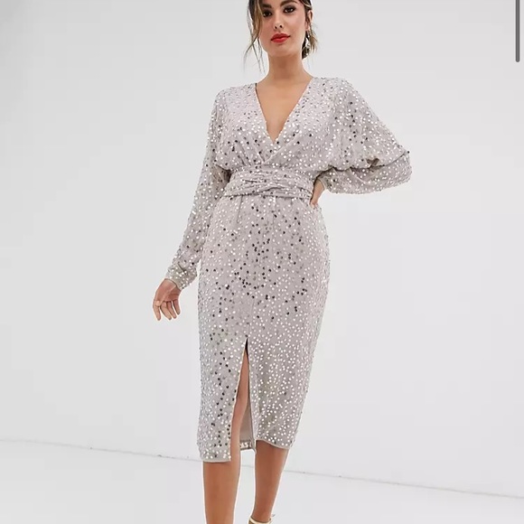 ASOS Dresses & Skirts - ASOS Design Sequin Midi Dress Wrap Waist Event New With Tags Pale Gold